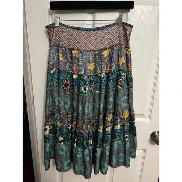 Johnny Was Biya | Silk Midi Tiered Patchwork Skirt Sz M - Picture 1 of 8